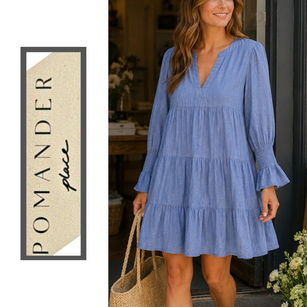 Pomander Place, Blue Chambray 100% Cotton Tiered Long Sleeve Dress Size XL